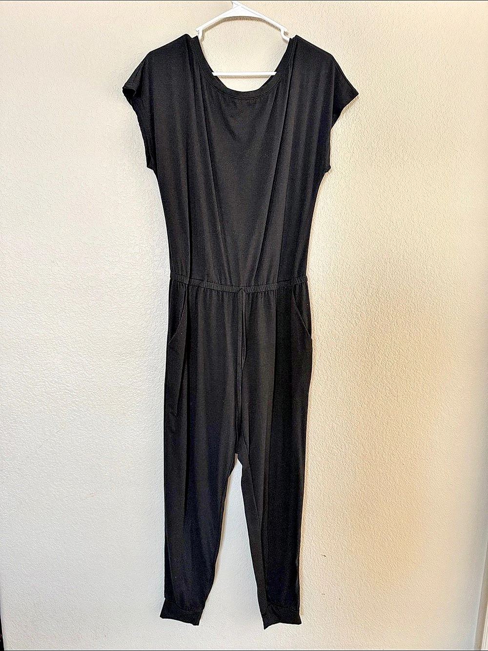 PrettyGarden Short Sleeve Drawstring Waist Jumpsuit Black Medium